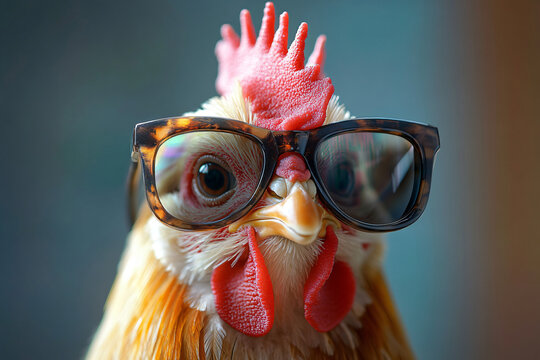 A quirky close-up of a chicken with sunglasses, perfect for humorous content, social media posts, or animal-themed events.