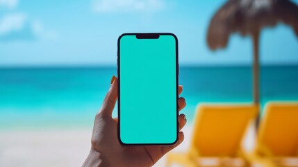 Person is holding a phone with a green screen in front of a beach. The beach has a yellow umbrella and two lounge chairs. Scene is relaxed and leisurely