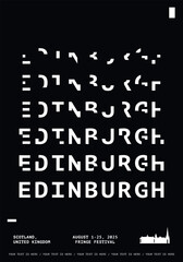 Edinburgh typography minimalist vector poster for event, festival, holiday layout. Brochure, leaflet, flyer, advertising image template with text, black and white colors for Scotland, UK city