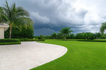 Lush green lawn, paved patio, and palm trees under a dramatic stormy sky