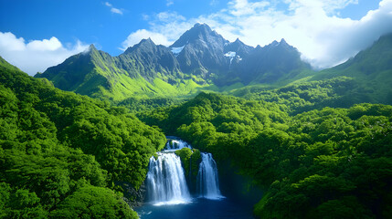 Fototapeta premium Lush green mountain range with cascading waterfall