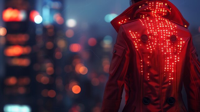 A bold red coat featuring an illuminated binary code pattern on the back stands out against a vibrant cityscape. The high-tech design merges fashion with digital aesthetics, creating a striking visual