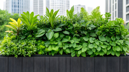 Lush green urban planter box with diverse foliage against a city backdrop