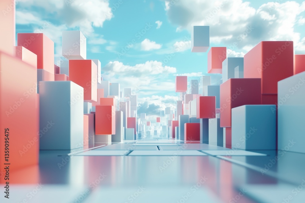 Poster dynamic abstract cityscape futuristic environment 3d render cloudy sky wide angle perspective