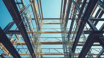 Steel Beams and Scaffolding in Construction at a Building Site