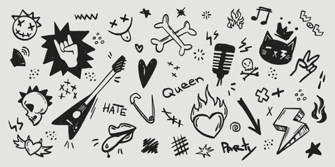 Black punk rock icons set isolated on white background. Vector realistic illustration of hand drawn guitar, heart on fire, arrow, smiling emoji, cat, skull, lightning bolt signs, grungy banner design