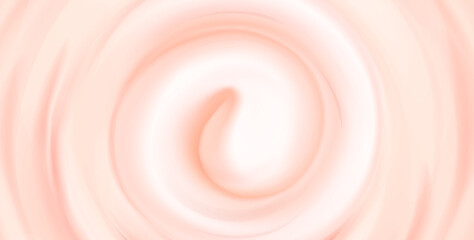 Strawberry cream yogurt swirl vortex background. Pale pink milk texture with spiral pattern, soft pastel colored abstract dairy product bg. Smoothie or ice cream decoration, food packaging element.