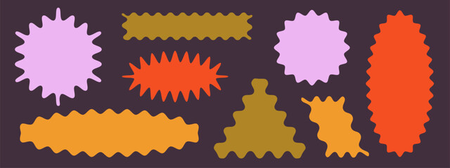 Scallop shape frames kit - wavy and zigzag border designs. Jagged edge outline silhouettes for labels, price tags or promotion stickers. cute decorative geometric elements for callout badges.