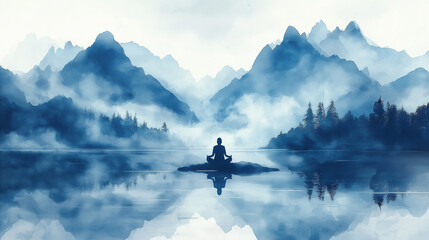 Person meditating in mountains reflected on calm lake in watercolor
