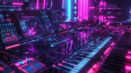 Obraz premium Futuristic music production studio. Digital audio workstation. Modern sound design. Interactive controls. Neon-lit control panel