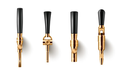 Beer tap handles collection - black plastic and golden metal faucets. Draft beer dispenser taps with ball knob, various shapes for brewery, pub, bar. Realistic keg spigots, fonts isolated on white.