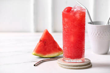 Glass of tasty watermelon fresh on table