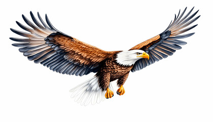 Fototapeta premium Majestic bald eagle in flight, wings outstretched, isolated on white