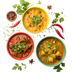 Three vibrant bowls of delicious curry dishes with fresh herbs on a dark background. white background