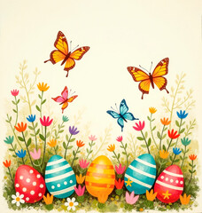 Easter eggs on green grass with butterflies
