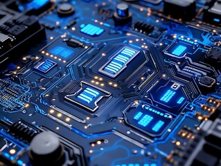 Fototapeta premium Illuminated circuits create a detailed image of a computer motherboard