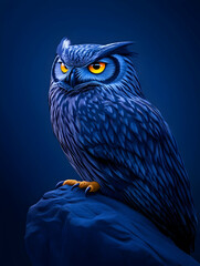 Obraz premium Majestic blue owl perched on a rock against a dark blue background