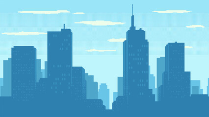 Day time cityscape pixel art. High buildings silhouette and clouds. 2d pixel video game background of daytime with modern skyscrapers in city. Seamless when docking horizontally.
