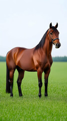 Fototapeta premium Majestic chestnut stallion standing in a verdant pasture