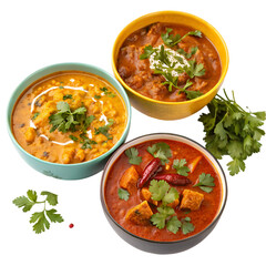 Three vibrant bowls of delicious curry dishes with fresh herbs on a dark background. white background