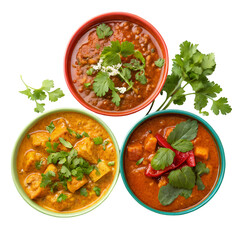 Three vibrant bowls of delicious curry dishes with fresh herbs on a dark background. white background