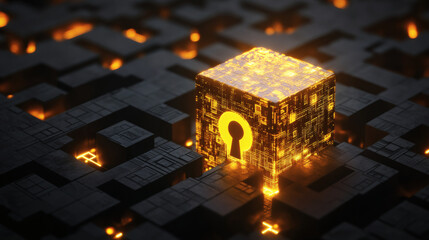 A glowing treasure chest hovering in the center of a complex maze, the value proposition as the ultimate reward for navigating challenges in business