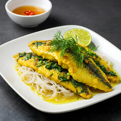 A beautifully plated dish of Chả C&aacute; L&atilde; Vọng, featuring turmeric-marinated fish fillets cooked with fresh dill and served with vermicelli noodles