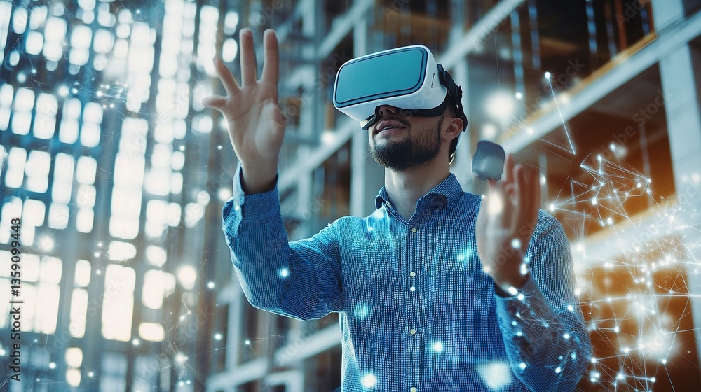 Poster man engineer using vr goggles for motion control in modern workspace