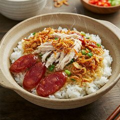 A traditional Vietnamese breakfast of X&ocirc;i Mặn (savory sticky rice) topped with shredded chicken, Chinese sausage, and fried shallots.