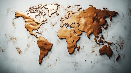 This artistic rendering captures a bronze world map mounted on a rustic textured wall, evoking feelings of exploration, adventure, and cultural diversity.