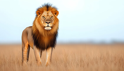 Majestic male lion standing in tall savanna grass, gazing directly at the camera