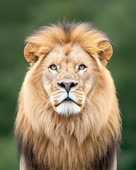 Obraz premium Majestic male lion stares directly at the camera, showcasing its impressive mane and intense gaze against a blurred green background