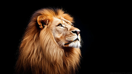 Fototapeta premium Majestic male lion with a thick mane, looking upward against a black background