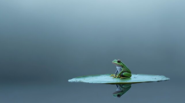 Calm frog on lily pad in serene misty setting