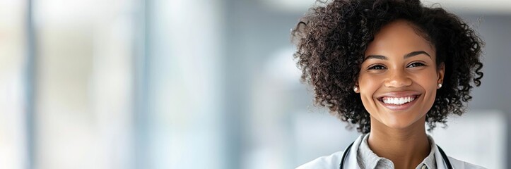 Medical student smiling during university health care research concept. A smiling healthcare professional in a bright environment.