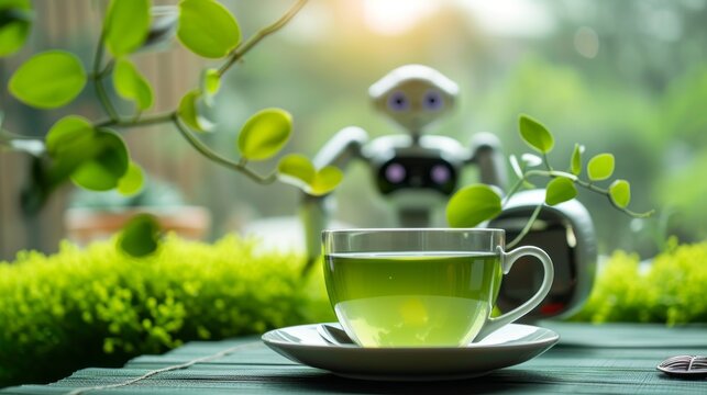 A modern robot stands in the background while a cup of green tea sits in the foreground on a garden table. The combination of technology and nature creates an intriguing contrast, reflecting themes of