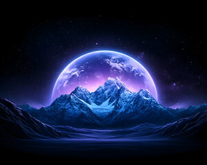Majestic snow-capped mountains rise before a vibrant, glowing celestial orb in a dark, starry night sky