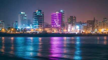 Obraz premium Night View of Coastal City Skyline with Vibrant Building Lights