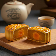 A traditional mooncake with intricate patterns on top, cut in half to reveal its golden egg yolk filling, placed on a wooden serving board with a pot of Chinese tea in the background."