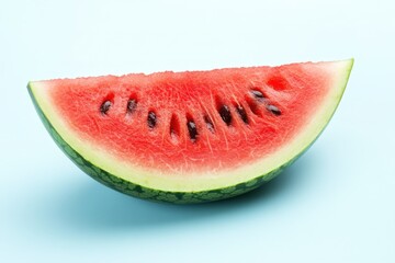A single slice of ripe juicy watermelon sitting on blue surface
