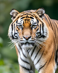 Fototapeta premium Majestic tiger portrait, intense gaze, orange and black stripes, lush green background