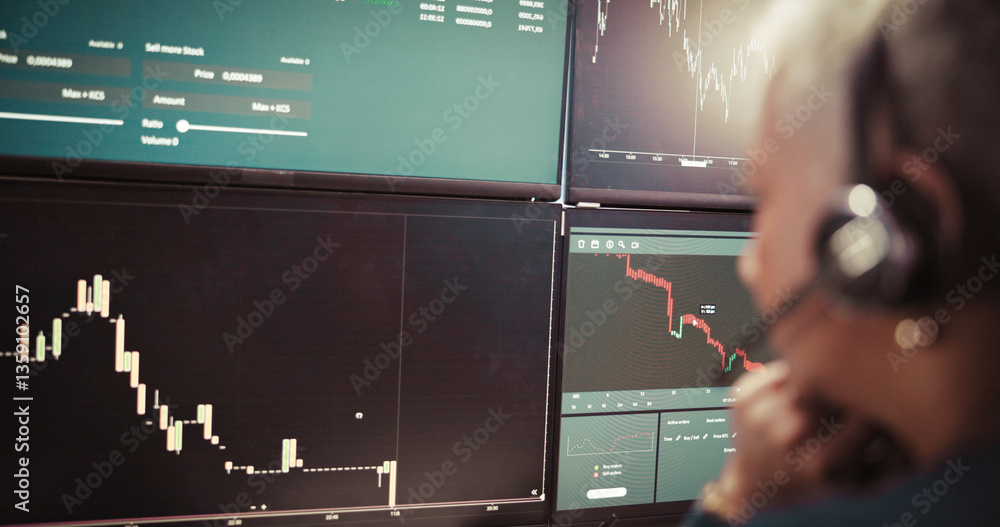 Aufkleber Stock market broker, headset and computer screen with financial graphs for trends monitoring or trading patterns. Fintech, finance data or person with global exchange charts for investment statistics