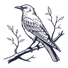 Vector illustration of a bird silhouette perched on a branch in nature with a simple black and white design