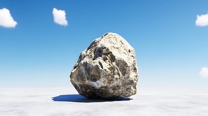 Single Boulder on White Plain  Blue Sky Background