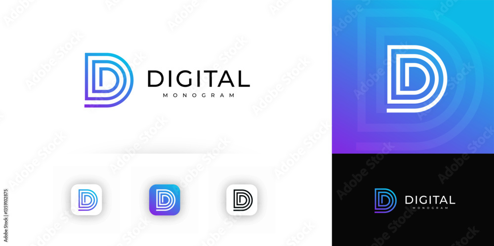 Aufkleber stylized letter d formed by layered digital lines with gradient color, evokes innovation, precision.