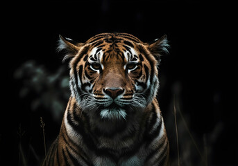 Fototapeta premium Fierce Tiger Portrait with Dramatic Dark Background