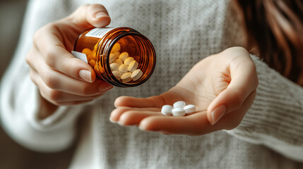 Close up woman hands with pills and spilling pills out of bottle, Female hand holding a medicine. Ai generated.