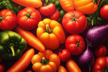 Top view of fresh organic fruits and vegetables background. Ai generated.