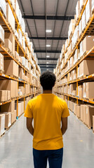 Man standing in large warehouse aisle, surrounded by high shelves filled with cardboard boxes