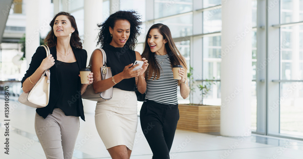 Poster businesswomen, coffee and team walking with phone in office for conversation. happy workers, collabo